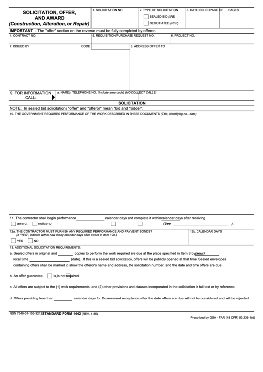 Fillable Standard Form 1442 - Solicitation, Offer, And Award (Construction, Alteration, Or Repair) Printable pdf