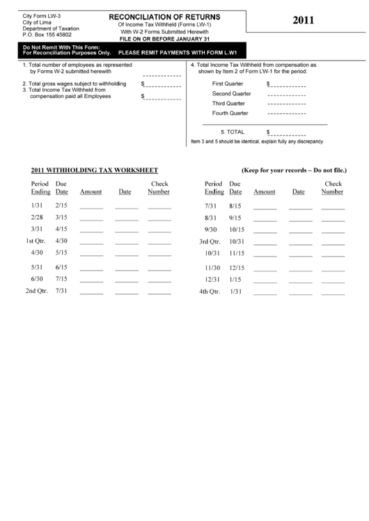 City Form Lw-3 - Reconciliation Of Returns - City Of Lima Department Of Taxation - 2011 Printable pdf