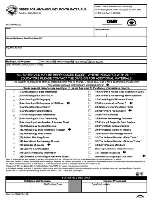 State Form 49863 - Order For Archaeology Month Materials Printable pdf