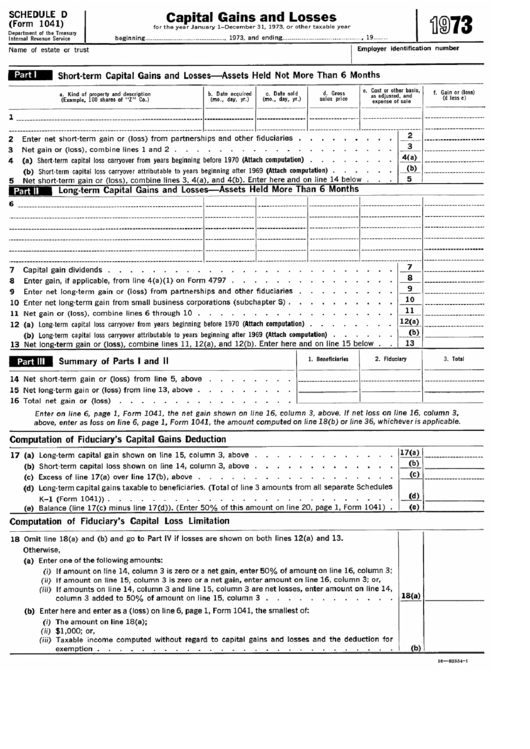 Schedule D (Form 1041) - Capital Gains And Losses - 1973 Printable pdf