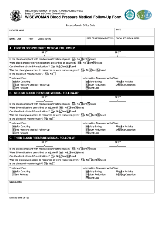 Form Mo 580-3116 - Wisewoman Blood Pressure Medical Follow-up Form - Missouri Department Of Health And Senior Services