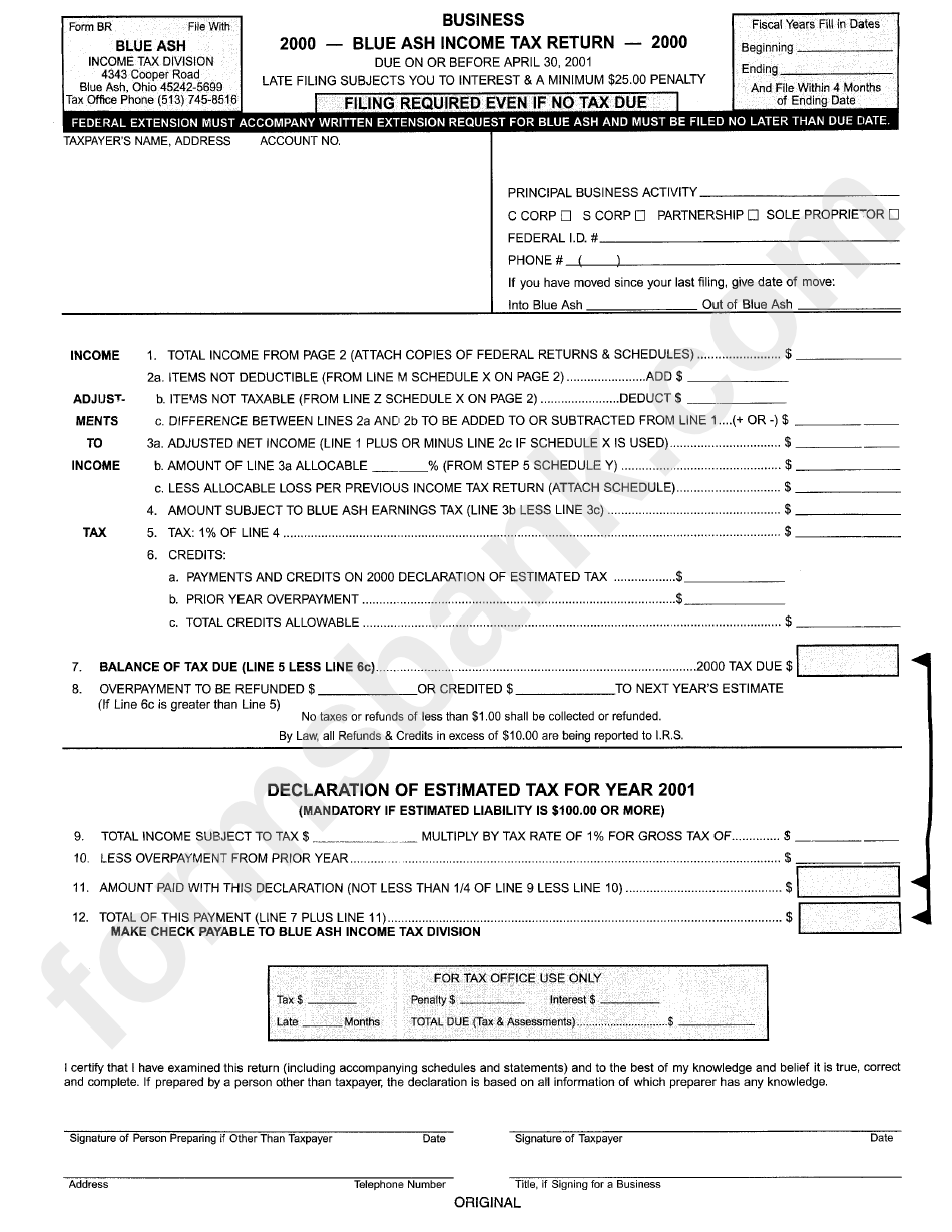 Form Br - Blue Ash Income Tax Return - 2000