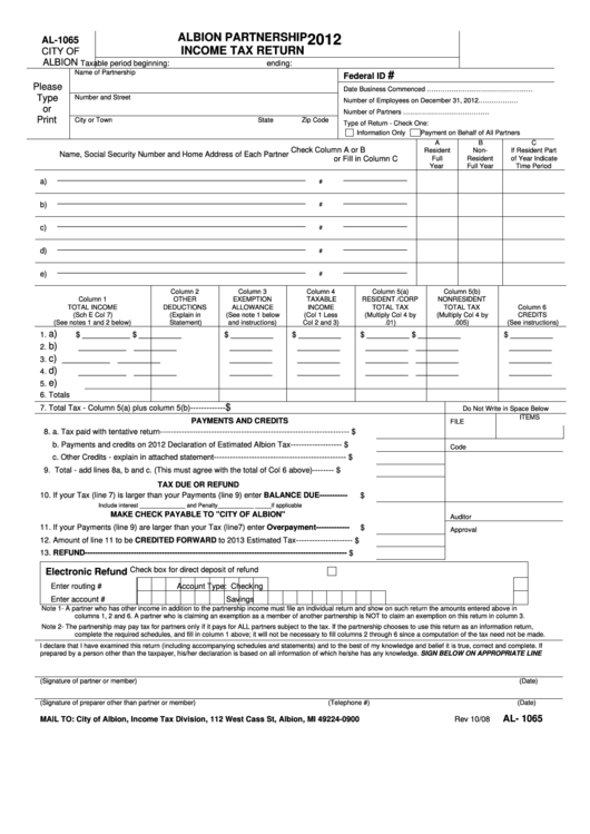 Form Al-1065 - Albion Partnership Income Tax Return - 2012 Printable pdf