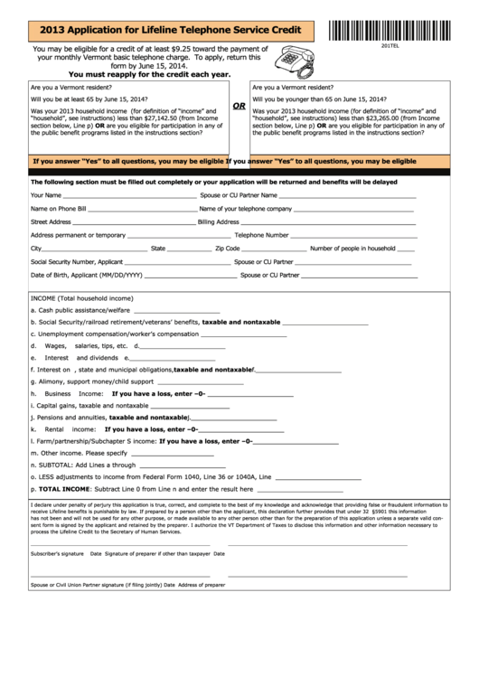 Application For Lifeline Telephone Service Credit - Vermont - 2013 Printable pdf