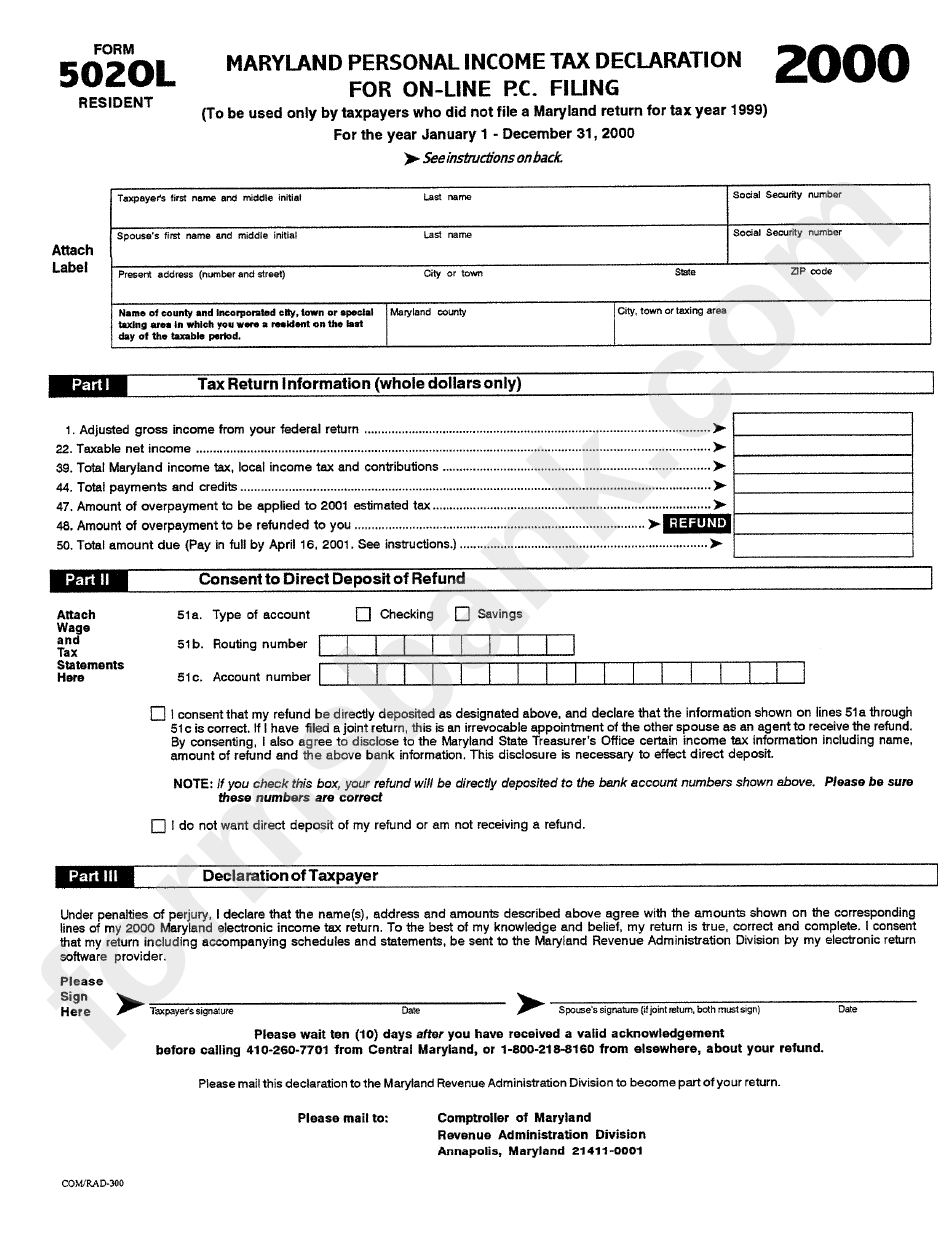Form 502ol Resident - Meryland Personal Income Tax Declaration For On-Line P.c. Filing - 2000