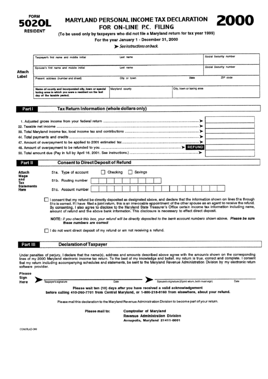 Form 502ol Resident - Meryland Personal Income Tax Declaration For On-Line P.c. Filing - 2000 Printable pdf
