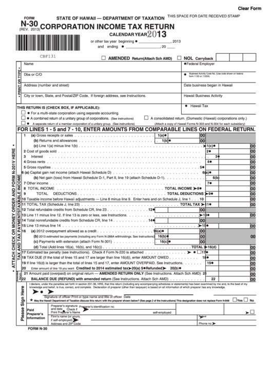 Fillable Form N-30 - Corporation Income Tax Return - 2013 Printable pdf