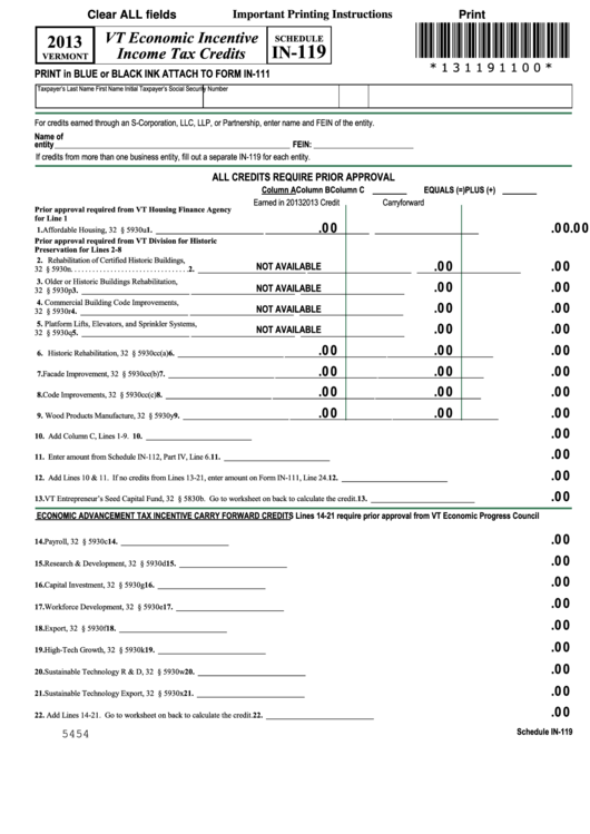 Fillable Schedule In-119 - Vt Economic Incentive Income Tax Credits - 2013 Printable pdf