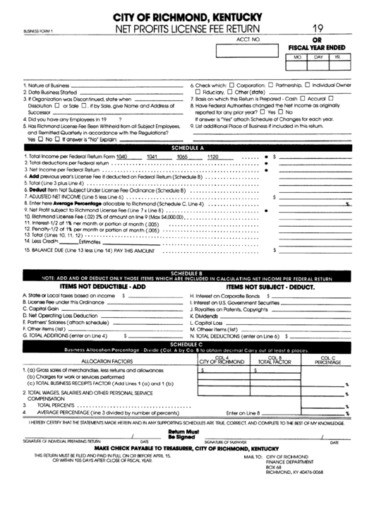 Business Form 1 - Net Profits License Fee Return - City Of Richmond Printable pdf