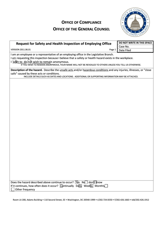 Request For Safety And Health Inspection Of Employing Office Form - Office Of Compliance Printable pdf