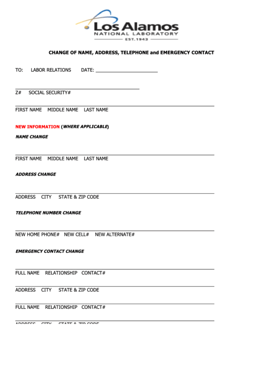Change Of Name, Address, Telephone And Emergency Contact Form - Los Alamos National Laboratory Printable pdf
