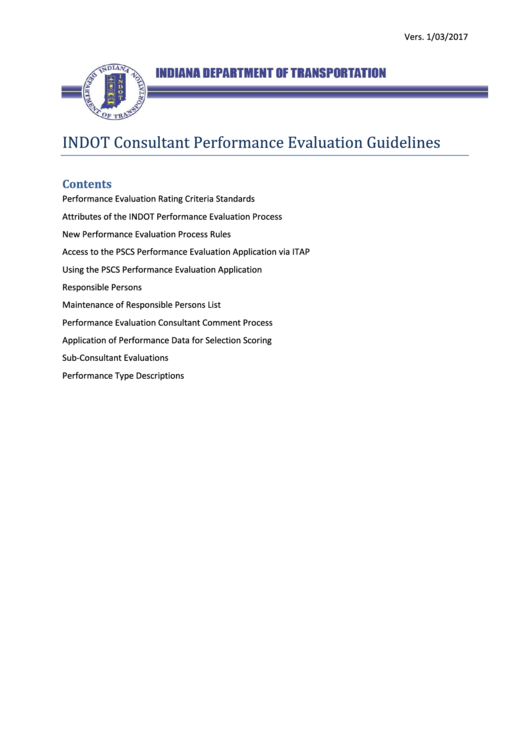 Indot Consultant Performance Evaluation Guidelines - Indiana Department Of Transportation Printable pdf