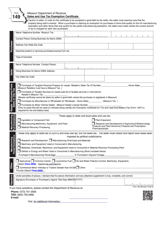 Fillable Form 149 Sales And Use Tax Exemption Certificate printable