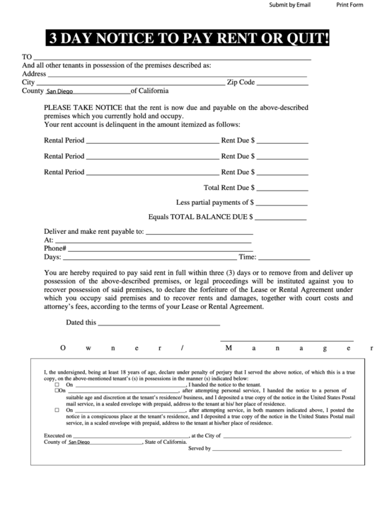 Fillable 3 Day Notice To Pay Rent Or Quit - State Of California Printable pdf