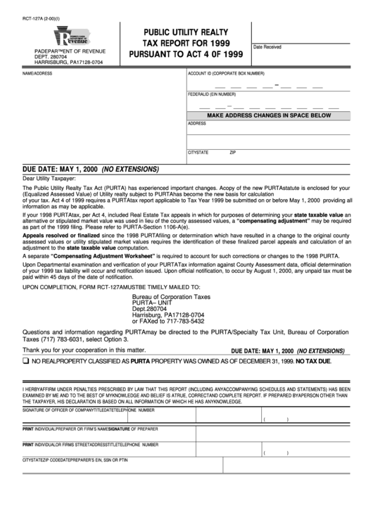 Form Rct-127a - Public Utility Realty Tax Report For 1999 Pursuant To Act 4 0f 1999 Printable pdf