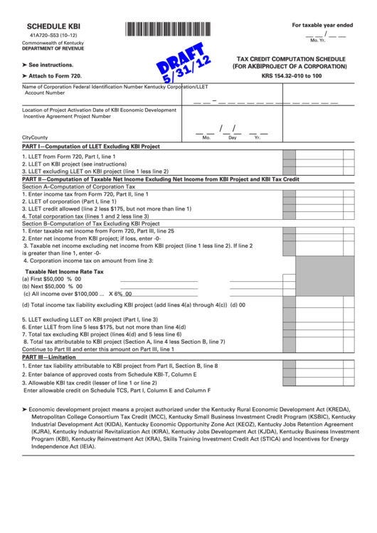 Form 41a720-S53 Draft - Schedule Kbi - Tax Credit Computation Schedule (For A Kbi Project Of A Corporation) Printable pdf