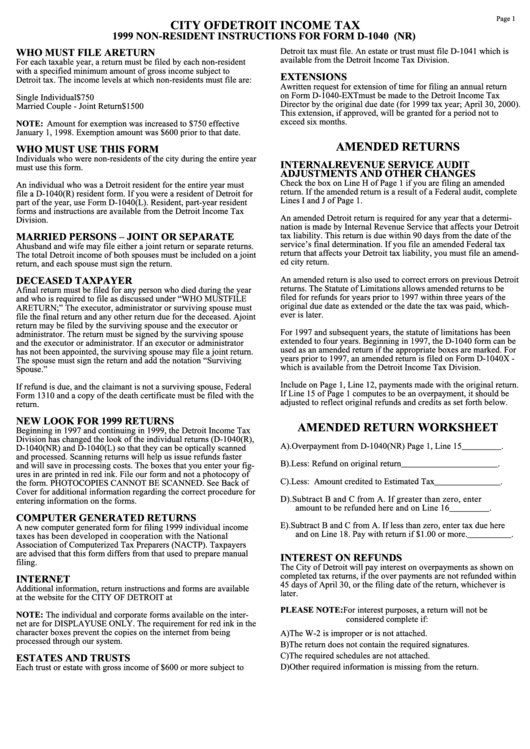 1999 Non-Resident Instructions For Form D-1040 (Nr) - City Of Detroit Income Tax Printable pdf