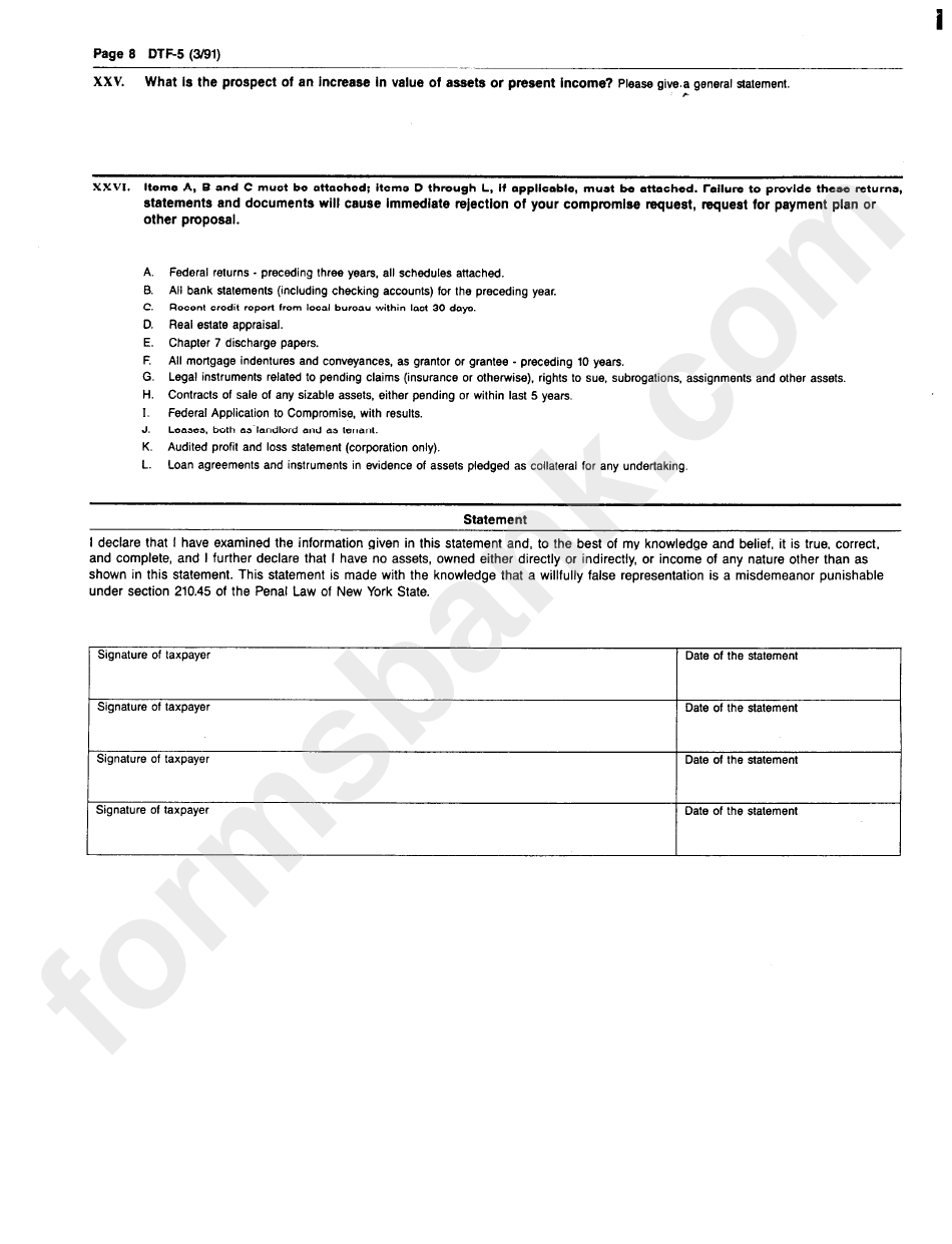 Form Dtf-5 - Statement Of Financial Condition And Other Information