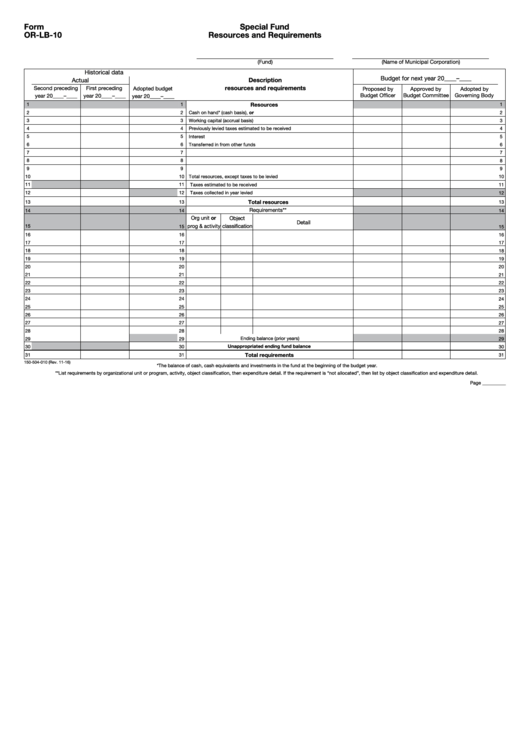 Fillable Form Or-Lb-10 - Special Fund Resources And Requirements Printable pdf