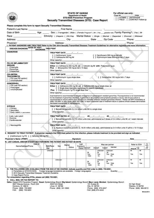 Sexually Transmitted Diseases (Std) Case Report - Department Of Health - Std/aids Prevention Program - 2013 Printable pdf