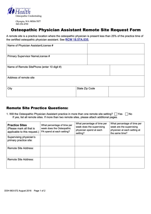 Form Doh 663-072 - Osteopathic Physician Assistant Remote Site Request Form Printable pdf