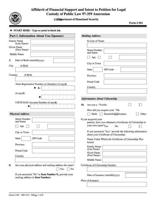 Fillable Form I-361 - Affidavit Of Financial Support And Intent To Petition For Legal Custody For Public Law 97-359 Amerasian Printable pdf
