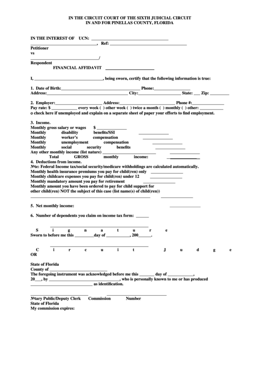 Financial Affidavit - Pinellas County, Florida Printable pdf