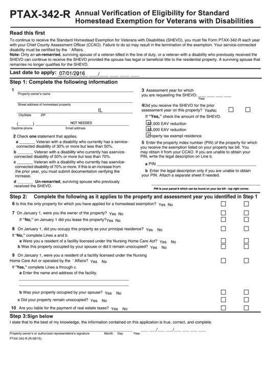 Fillable Form Ptax-342-R - Annual Verification Of Eligibility For Standard Homestead Exemption For Veterans With Disabilities Printable pdf