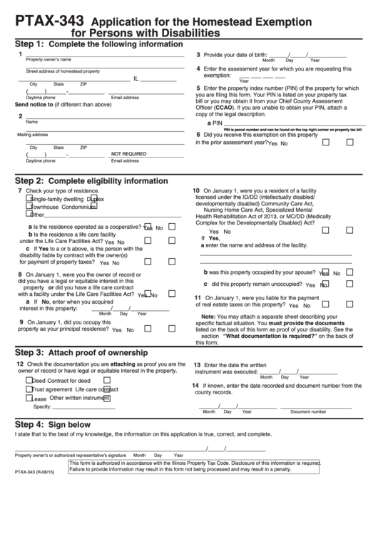 Form Ptax-343 - Application For The Homestead Exemption For Persons With Disabilities
