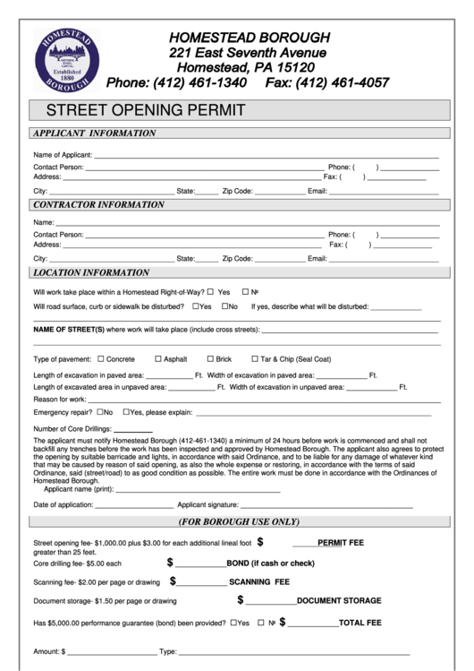 Street Opening Permit Printable pdf