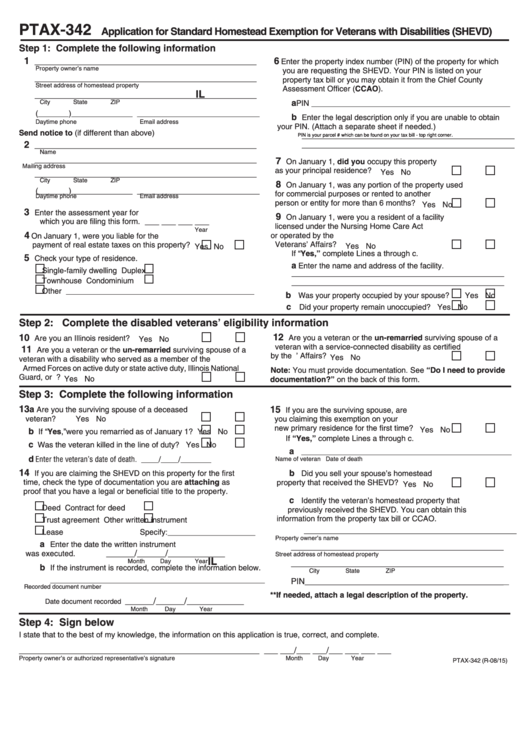 Fillable Form Ptax-342 - Application For Standard Homestead Exemption For Veterans With Disabilities (Shevd) Printable pdf