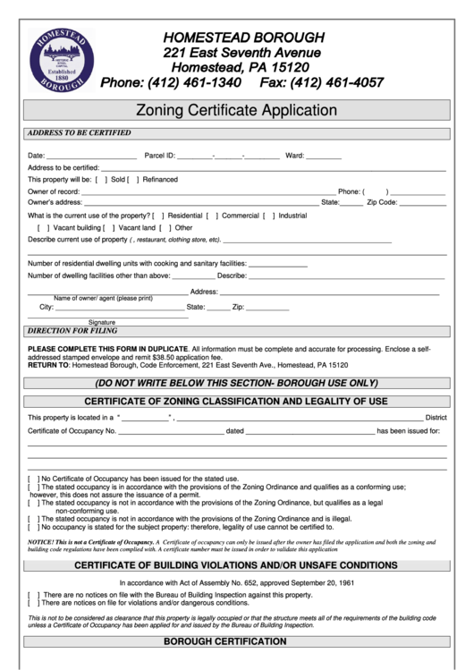 Zoning Certificate Application Printable pdf