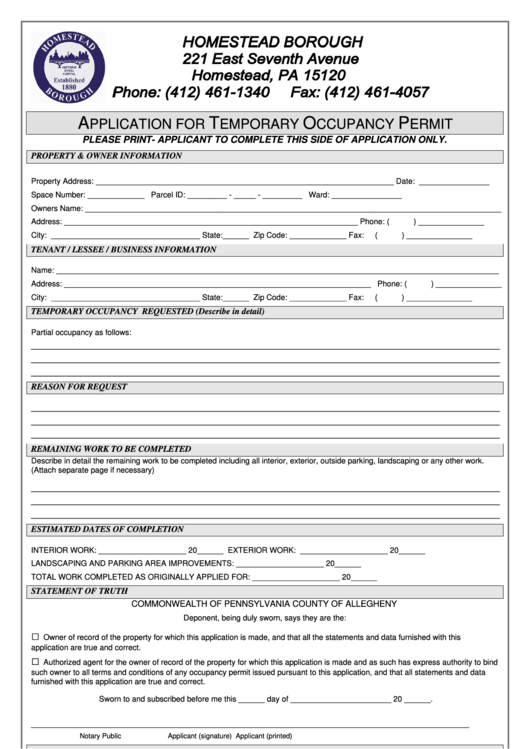 Application For Temporary Occupancy Permit Printable pdf