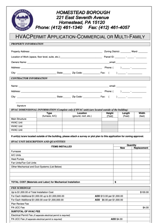 Hvac Permit Application - Commercial Or Multi-Family Printable pdf