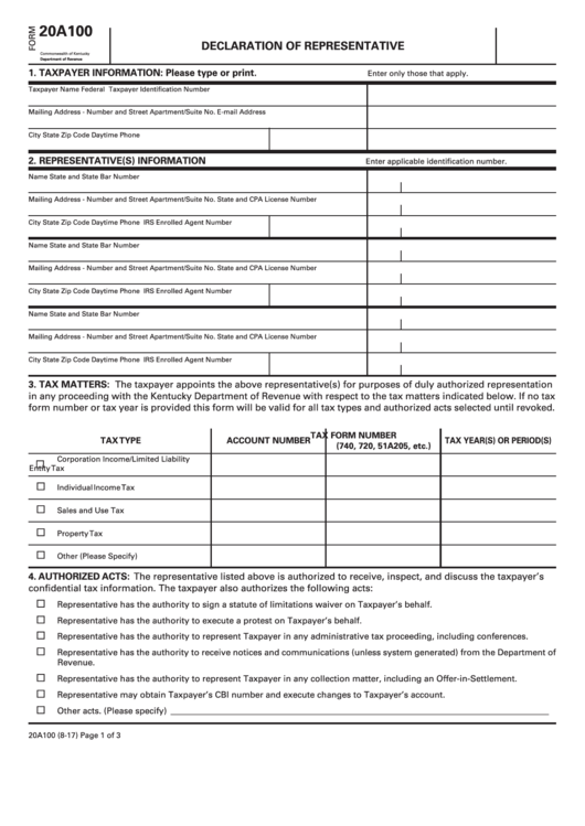 Fillable Form 20a100 - Declaration Of Representative Printable pdf