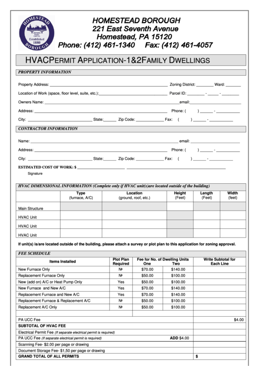 Hvac Permit Application - 1 & 2 Family Dwellings Printable pdf
