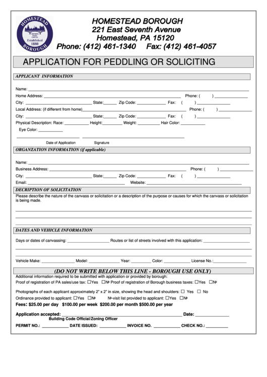 Application For Peddling Or Soliciting Printable pdf
