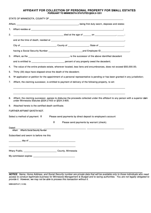 Fillable Form Mmb-00375-07 - Affidavit For Collection Of Personal Property For Small Estates Printable pdf