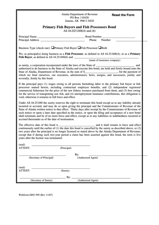 Fillable Form 0405-599 - Promary Fish Buyers And Fish Processors Bond Printable pdf