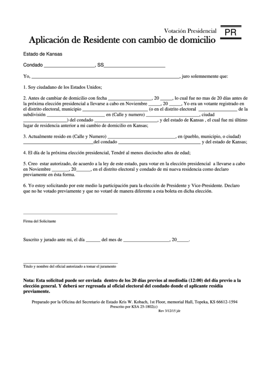 Aplicacion De Residente Con Cambio De Domicilio - Oficina Del Secretario De Estado Printable pdf