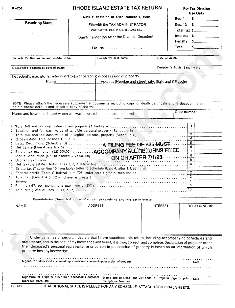 Form Ri-706 - Rhode Island Estate Tax Return