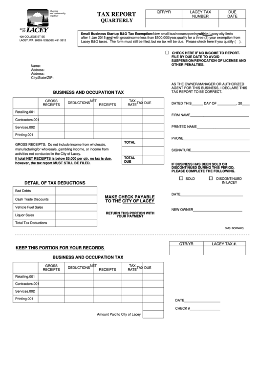 City Of Lacet Quarterly Tax Report Form, Annual Tax Report Printable pdf