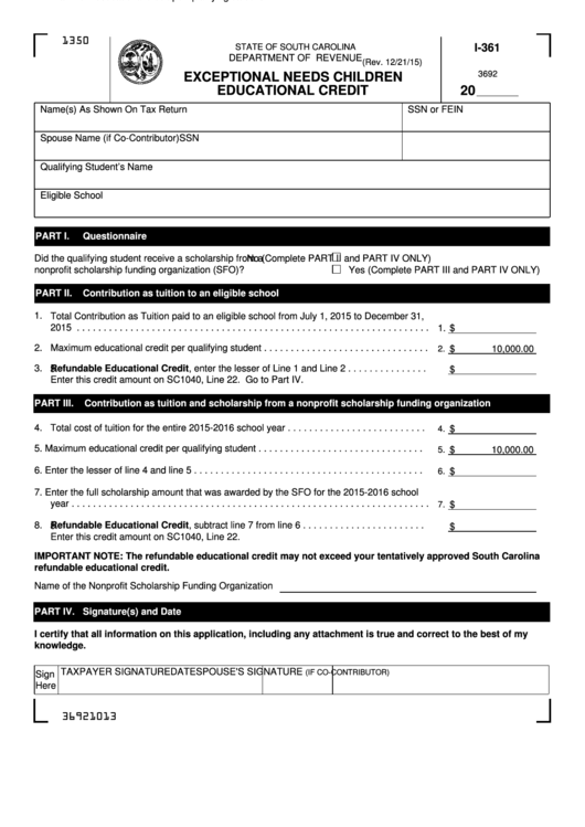 Form I-361 - Exceptional Needs Children Educational Credit Printable pdf