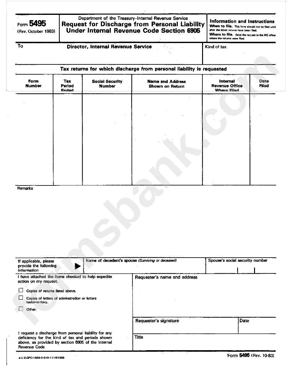 Form 5495 - Request For Discharge From Personal Liability Under Internal Revenue Code Section 6905