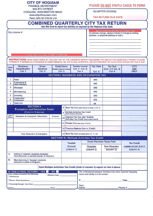 Combined Quarterly City Of Hoquiam Tax Return Form Printable pdf