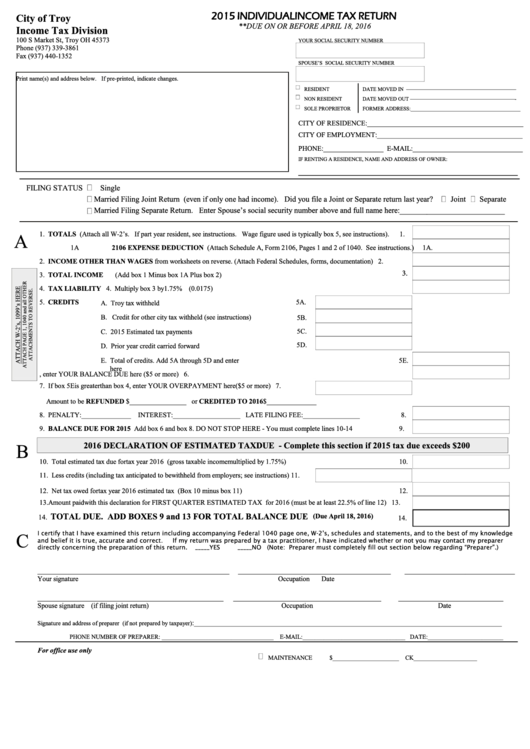 Fillable 2015 Individual Income Tax Return Printable pdf