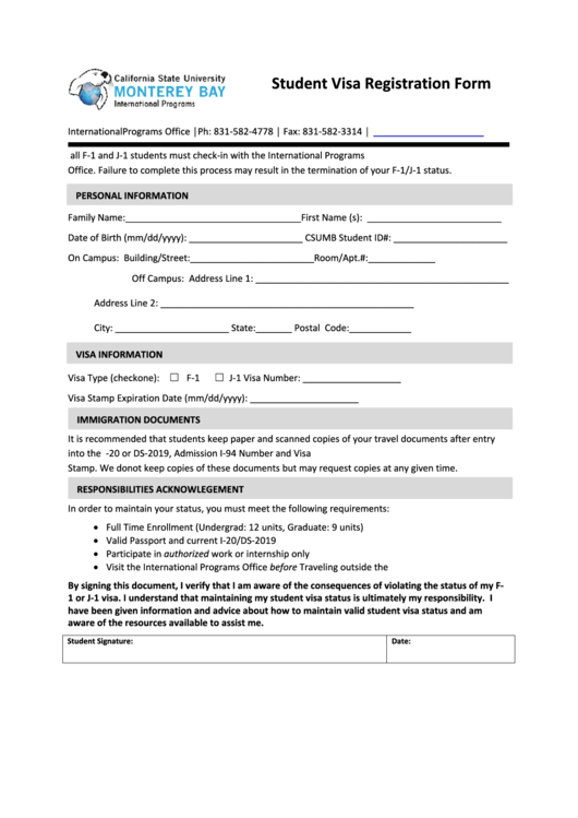 Fillable Student Visa Registration Form Printable pdf
