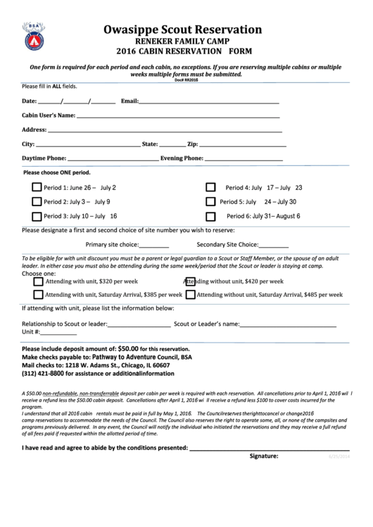 Cabin Reservation Form - Scout Camp - 2016 Printable pdf