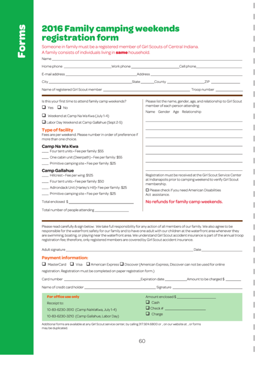 Family Camping Weekends - Registration Form - 2016 Printable pdf