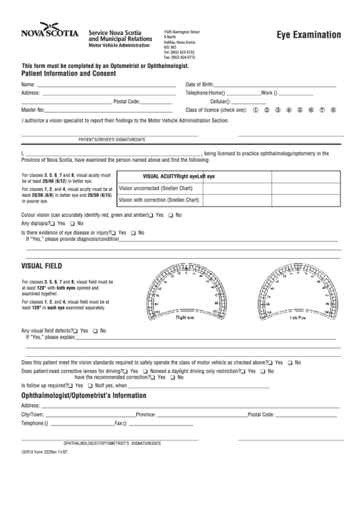 Form 22z - Eye Examination - New Scotia Printable pdf